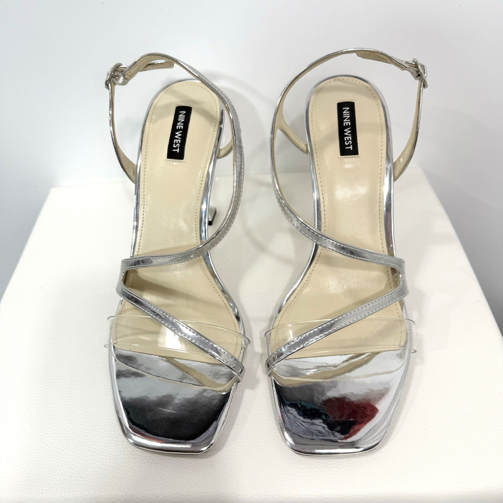 Nine West Heels Pumps Silver Faux Leather Stiletto Open Toe Wo's Size 10 - Picture 12 of 14